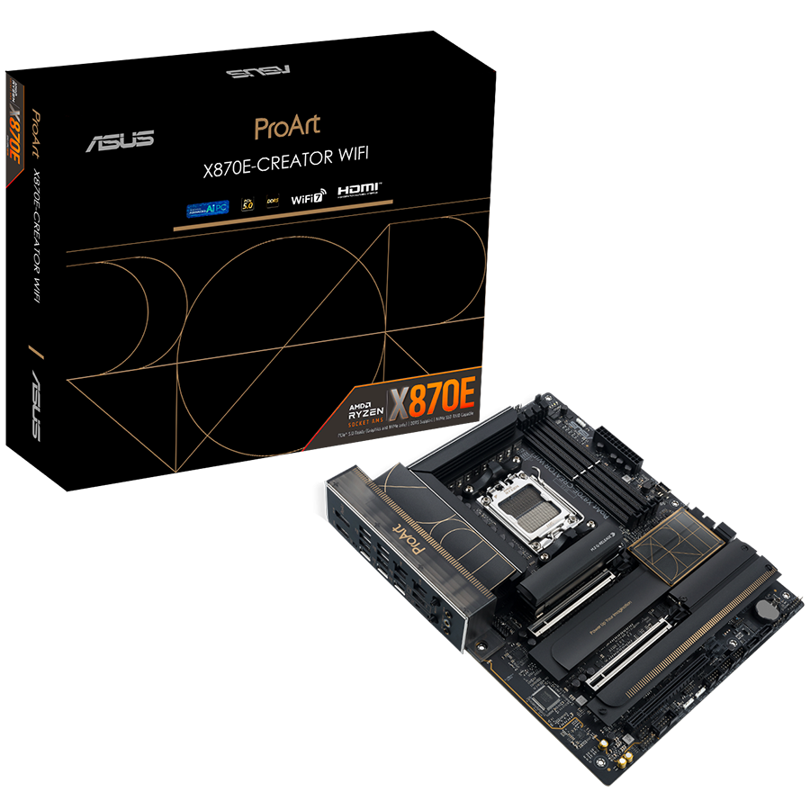 ASUS PROART X870E-CREATOR WIFI AM5 ATX professional MB - AMD X870E 4xDIMM DDR5 4xM.2 4xSATA PCIe 5.0 10Gb + 2.5Gb Ethernet WiFi 7 + Bluetooth 1xHDMI 2xUSB4 40Gbps ports (USB Type-C) with Aura Sync