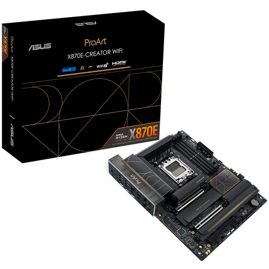 ASUS PROART X870E-CREATOR WIFI AM5 ATX professional MB - AMD X870E 4xDIMM DDR5 4xM.2 4xSATA PCIe 5.0 10Gb + 2.5Gb Ethernet WiFi 7 + Bluetooth 1xHDMI 2xUSB4 40Gbps ports (USB Type-C) with Aura Sync