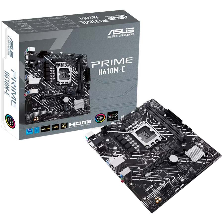 ASUS PRIME H610M-E-CSM LGA1700 mATX MB - Intel H610 2xDIMM DDR5 2xM.2 4xSATA PCIe 4.0 1Gb Ethernet 1xD-SUB 1xDisplayPort 1xHDMI COM header Aura Sync