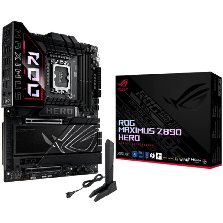 ASUS ROG MAXIMUS Z890 HERO LGA1851 ATX gaming MB - Intel Z890 4xDIMM DDR5 6xM.2 1xSlimSAS 4xSATA PCIe 5.0 5Gb + 2.5Gb Ethernet WiFi 7 + Bluetooth 1xHDMI 2xIntel Thunderbolt 4 ports (USB Type-C) with Aura Sync