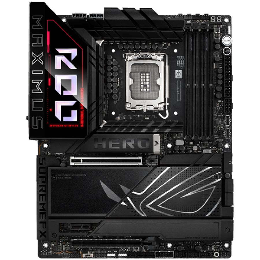 ASUS ROG MAXIMUS Z890 HERO LGA1851 ATX gaming MB - Intel Z890 4xDIMM DDR5 6xM.2 1xSlimSAS 4xSATA PCIe 5.0 5Gb + 2.5Gb Ethernet WiFi 7 + Bluetooth 1xHDMI 2xIntel Thunderbolt 4 ports (USB Type-C) with Aura Sync