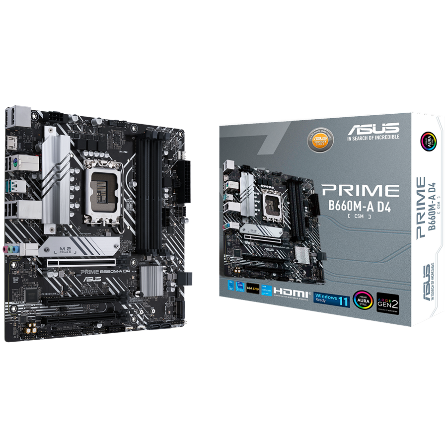 ASUS PRIME B660M-A D4-CSM LGA1700 mATX MB - Intel B660 4xDIMM DDR4 2xM.2 4xSATA PCIe 4.0 1Gb Ethernet 1xDisplayPort 2xHDMI with Aura Sync
