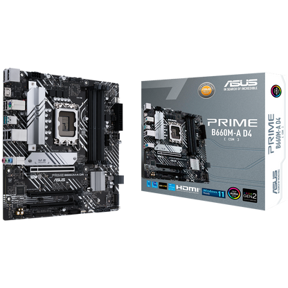 ASUS PRIME B660M-A D4-CSM LGA1700 mATX MB - Intel B660 4xDIMM DDR4 2xM.2 4xSATA PCIe 4.0 1Gb Ethernet 1xDisplayPort 2xHDMI with Aura Sync