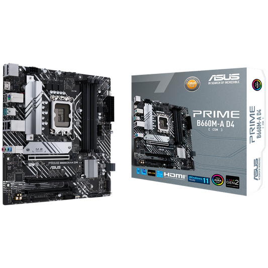 ASUS PRIME B660M-A D4-CSM LGA1700 mATX MB - Intel B660 4xDIMM DDR4 2xM.2 4xSATA PCIe 4.0 1Gb Ethernet 1xDisplayPort 2xHDMI with Aura Sync