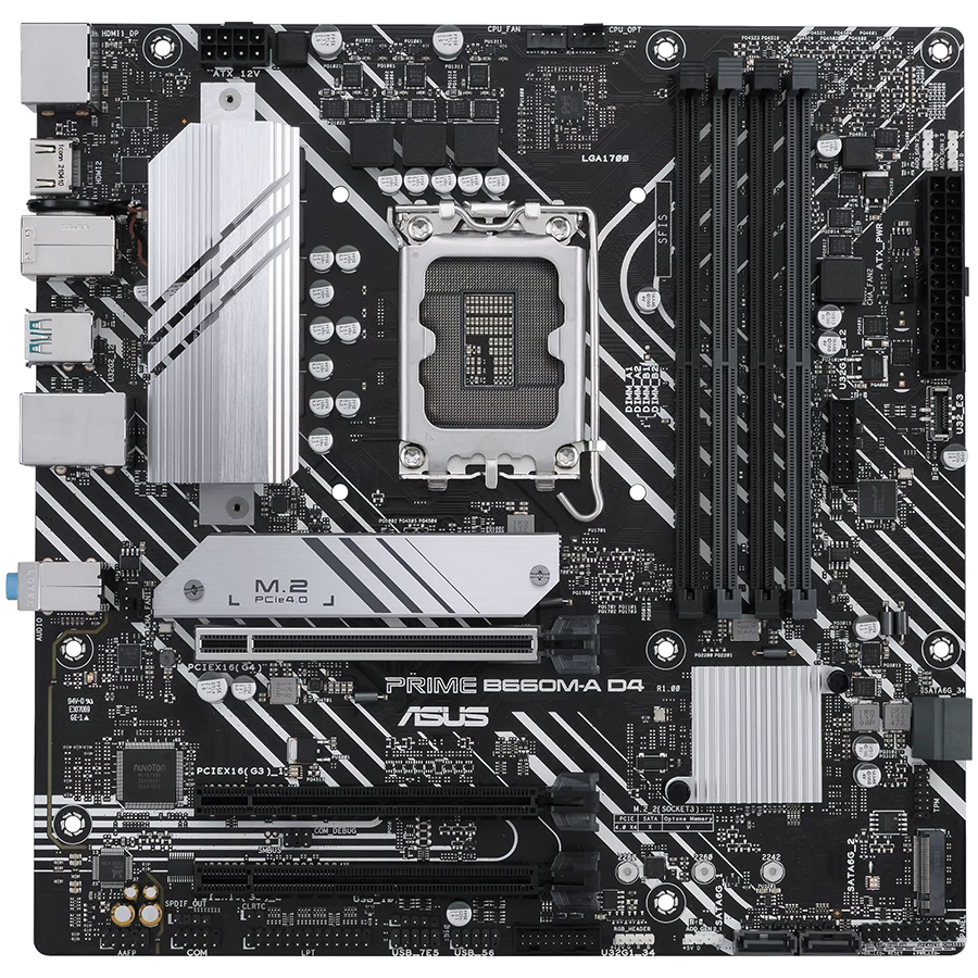 ASUS PRIME B660M-A D4-CSM LGA1700 mATX MB - Intel B660 4xDIMM DDR4 2xM.2 4xSATA PCIe 4.0 1Gb Ethernet 1xDisplayPort 2xHDMI with Aura Sync