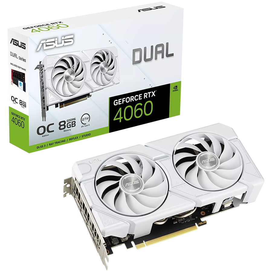 ASUS Video Card NVidia Dual GeForce RTX 4060 EVO White OC Edition 8GB GDDR6 VGA with two powerful Axial-tech fans and a protective backplate for broad compatibility