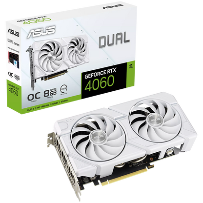 ASUS Video Card NVidia Dual GeForce RTX 4060 EVO White OC Edition 8GB GDDR6 VGA with two powerful Axial-tech fans and a protective backplate for broad compatibility