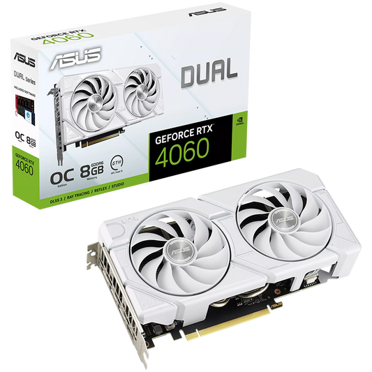 ASUS Video Card NVidia Dual GeForce RTX 4060 EVO White OC Edition 8GB GDDR6 VGA with two powerful Axial-tech fans and a protective backplate for broad compatibility