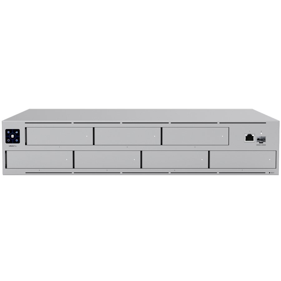 Ubiquiti UNAS-Pro-EU 2U rack-mount NAS with (7) 2.5/3.5" drive bays and 10 Gbps performance designed for large-scale file storage and sharing, (7) 2.5/3.5" HDD / SSD support, 10G SFP+ uplink and (1) GbE RJ45 port