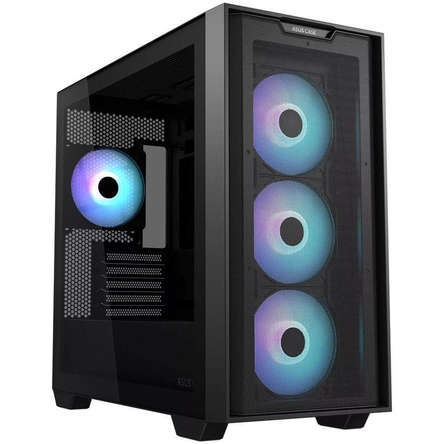 ASUS A21 PLUS Tempered Glass microATX case Black, support for hidden-connector motherboards, 360 mm radiators and 380 mm graphics cards, four pre-installed ARGB fans and clean cable management