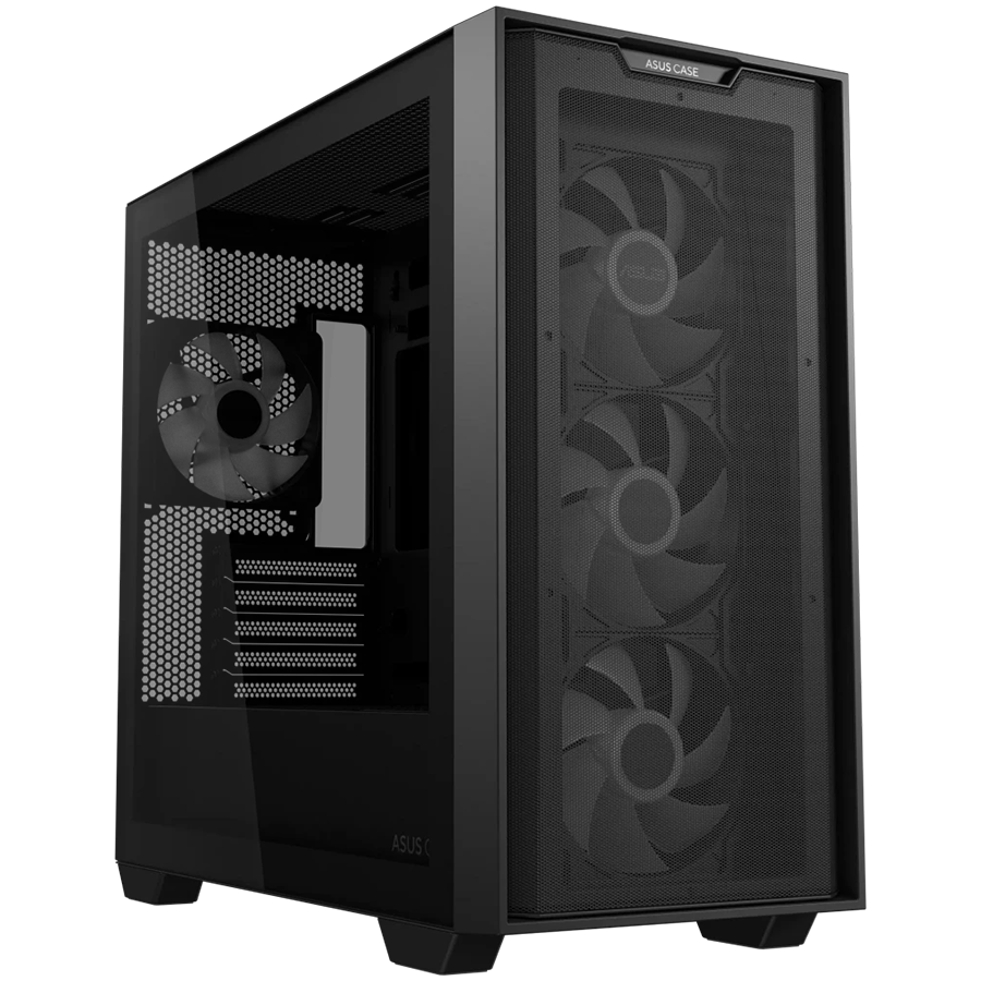 ASUS A21 PLUS Tempered Glass microATX case Black, support for hidden-connector motherboards, 360 mm radiators and 380 mm graphics cards, four pre-installed ARGB fans and clean cable management