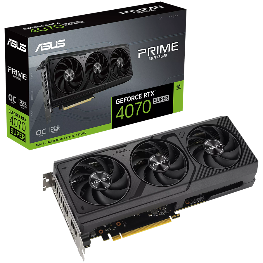ASUS Video Card NVidia Prime GeForce RTX 4070 SUPER OC Edition 12GB GDDR6X VGA boasts three fans in a sleek aesthetic with Axial-tech fan design for broad PC builds compatibility