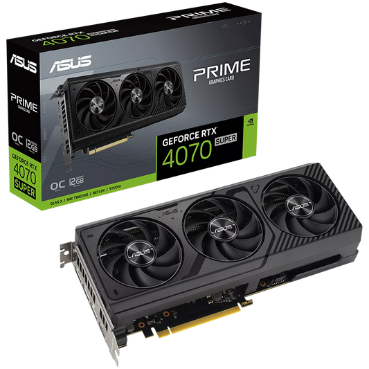 ASUS Video Card NVidia Prime GeForce RTX 4070 SUPER OC Edition 12GB GDDR6X VGA boasts three fans in a sleek aesthetic with Axial-tech fan design for broad PC builds compatibility