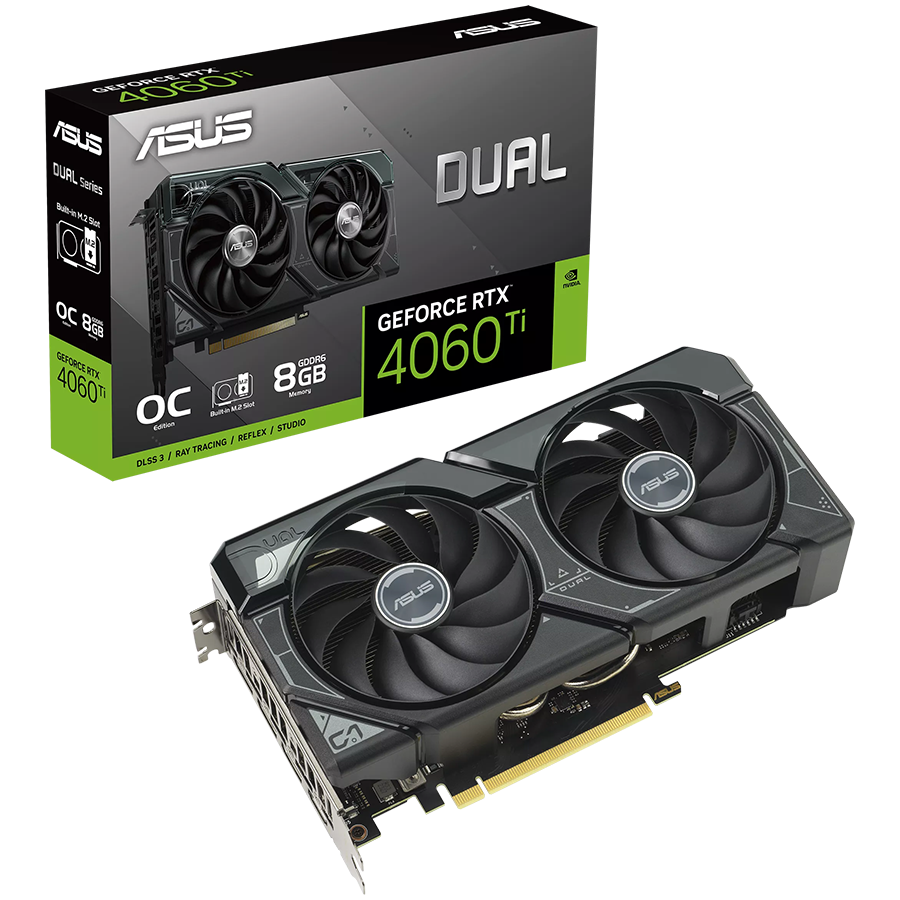 ASUS Video Card NVidia Dual GeForce RTX 4060 Ti SSD OC Edition 8GB GDDR6 VGA is designed for broad compatibility, with an M.2 SSD slot, 2.5-slot design, Axial-tech fan design, PCIe 4.0, 1xHDMI 2.1a, 3xDisplayPort 1.4a
