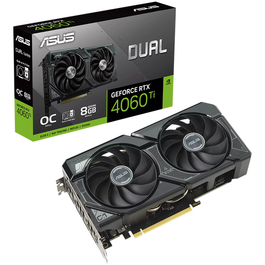 ASUS Video Card NVidia Dual GeForce RTX 4060 Ti SSD OC Edition 8GB GDDR6 VGA is designed for broad compatibility, with an M.2 SSD slot, 2.5-slot design, Axial-tech fan design, PCIe 4.0, 1xHDMI 2.1a, 3xDisplayPort 1.4a