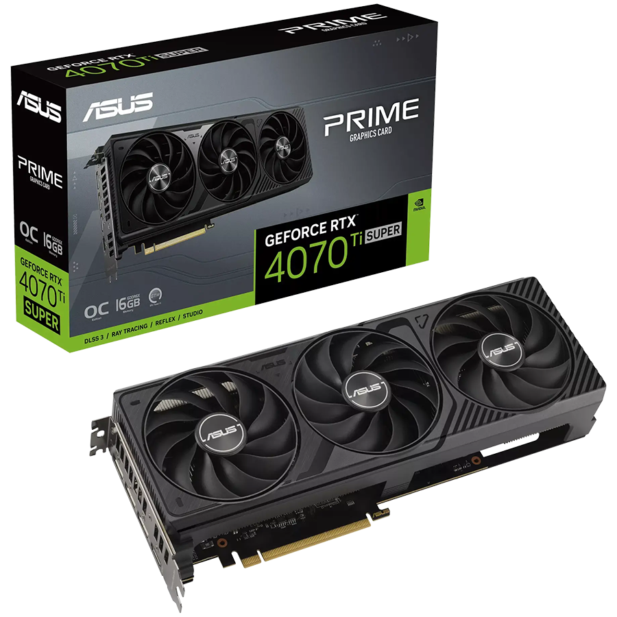 ASUS Video Card NVidia Prime GeForce RTX 4070 Ti SUPER OC Edition 16GB GDDR6X VGA boasts three fans in a sleek aesthetic with Axial-tech fan design for broad PC builds compatibility