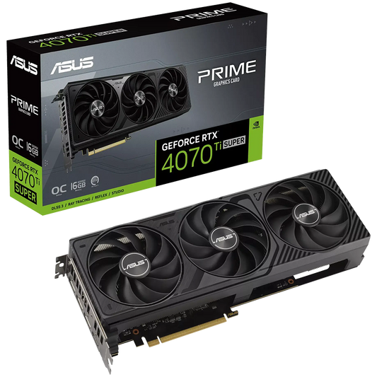 ASUS Video Card NVidia Prime GeForce RTX 4070 Ti SUPER OC Edition 16GB GDDR6X VGA boasts three fans in a sleek aesthetic with Axial-tech fan design for broad PC builds compatibility