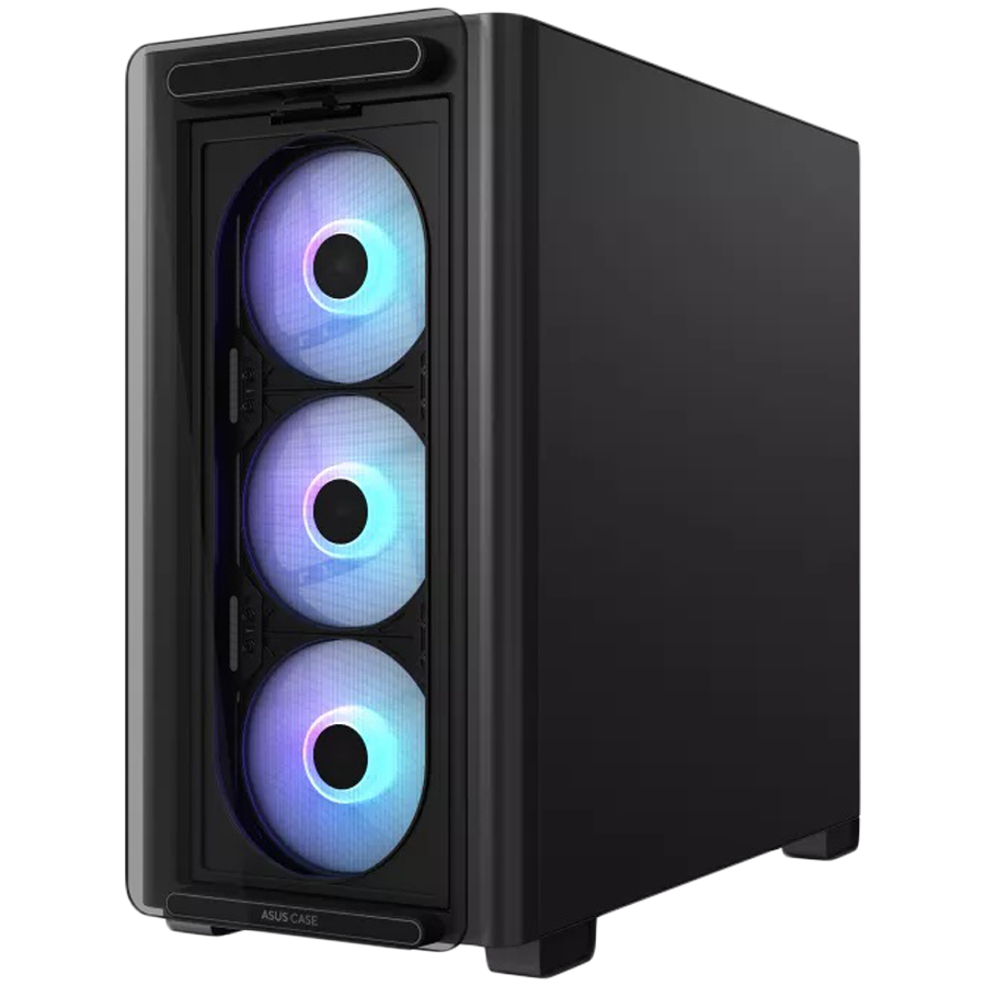 ASUS A23 PLUS Tempered Glass microATX case Black, support for hidden-connector motherboards, 360 mm radiators and 380 mm graphics cards, four pre-installed ARGB fans and clean cable management