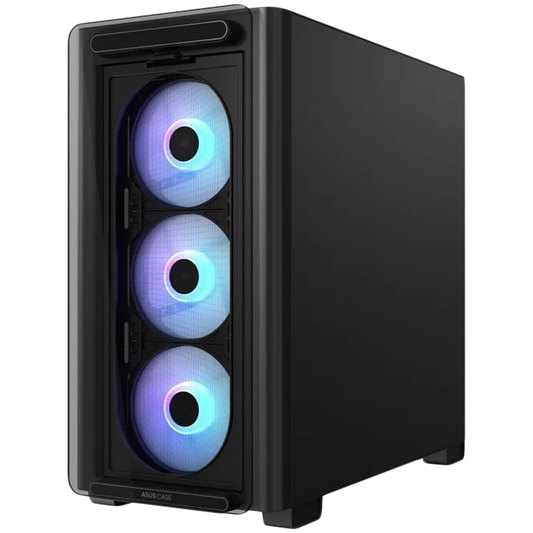 ASUS A23 PLUS Tempered Glass microATX case Black, support for hidden-connector motherboards, 360 mm radiators and 380 mm graphics cards, four pre-installed ARGB fans and clean cable management