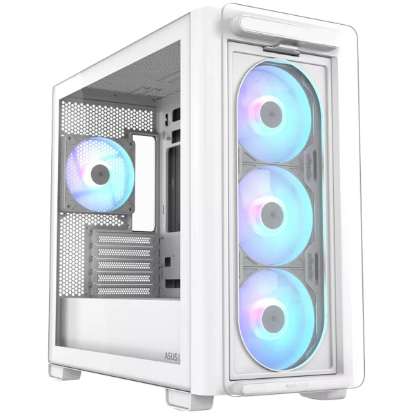 ASUS A23 PLUS Tempered Glass microATX case White, support for hidden-connector motherboards, 360 mm radiators and 380 mm graphics cards, four pre-installed ARGB fans and clean cable management