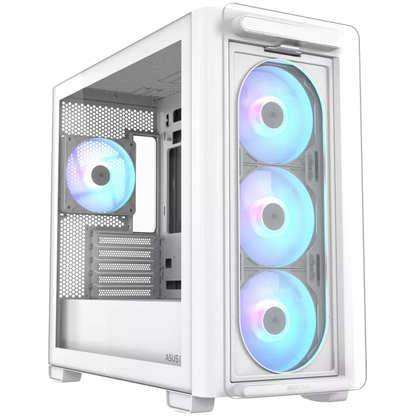 ASUS A23 PLUS Tempered Glass microATX case White, support for hidden-connector motherboards, 360 mm radiators and 380 mm graphics cards, four pre-installed ARGB fans and clean cable management