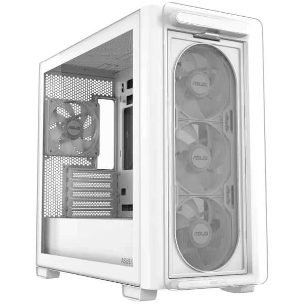 ASUS A23 PLUS Tempered Glass microATX case White, support for hidden-connector motherboards, 360 mm radiators and 380 mm graphics cards, four pre-installed ARGB fans and clean cable management