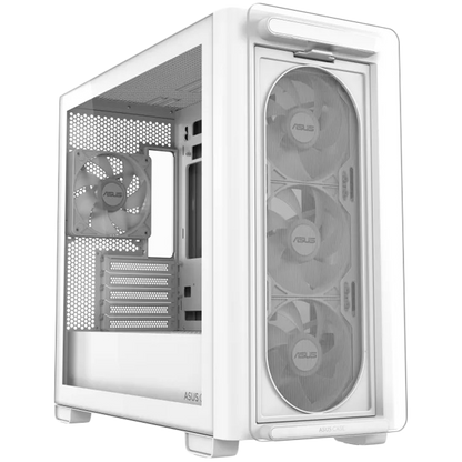 ASUS A23 PLUS Tempered Glass microATX case White, support for hidden-connector motherboards, 360 mm radiators and 380 mm graphics cards, four pre-installed ARGB fans and clean cable management