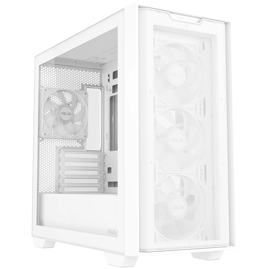 ASUS A21 PLUS Tempered Glass microATX case White, support for hidden-connector motherboards, 360 mm radiators and 380 mm graphics cards, four pre-installed ARGB fans and clean cable management
