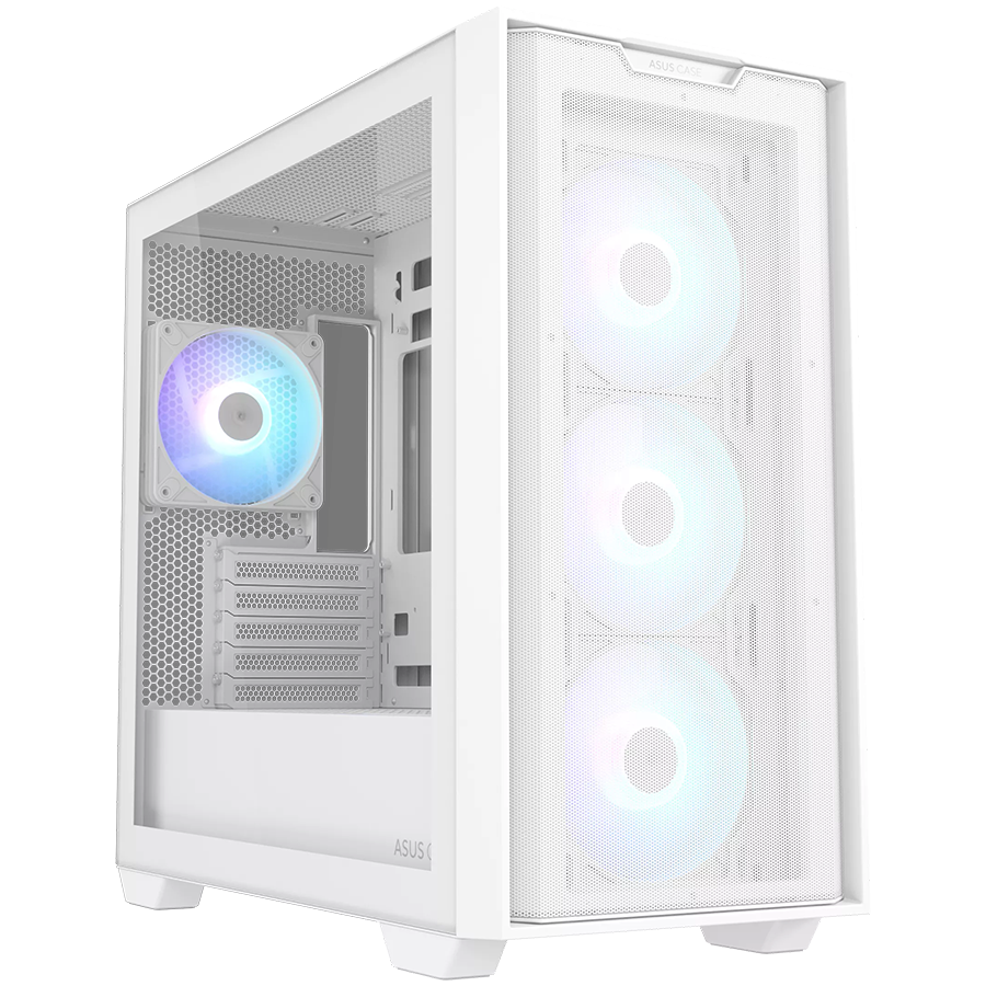 ASUS A21 PLUS Tempered Glass microATX case White, support for hidden-connector motherboards, 360 mm radiators and 380 mm graphics cards, four pre-installed ARGB fans and clean cable management