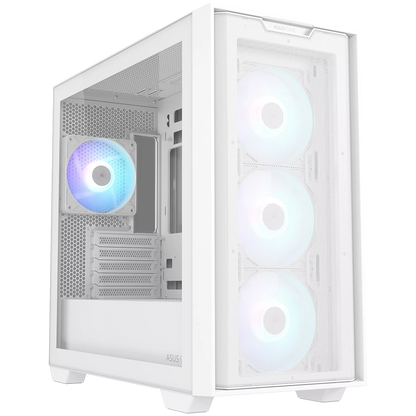 ASUS A21 PLUS Tempered Glass microATX case White, support for hidden-connector motherboards, 360 mm radiators and 380 mm graphics cards, four pre-installed ARGB fans and clean cable management