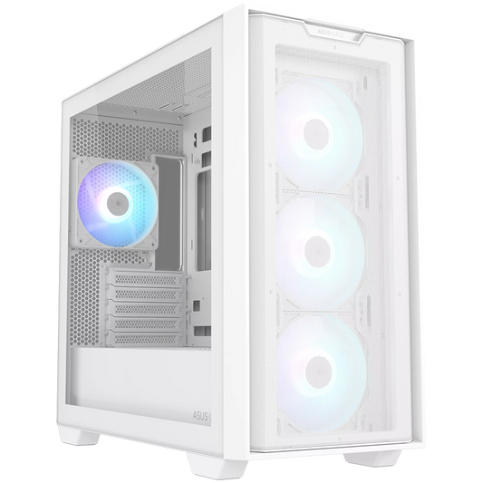 ASUS A21 PLUS Tempered Glass microATX case White, support for hidden-connector motherboards, 360 mm radiators and 380 mm graphics cards, four pre-installed ARGB fans and clean cable management