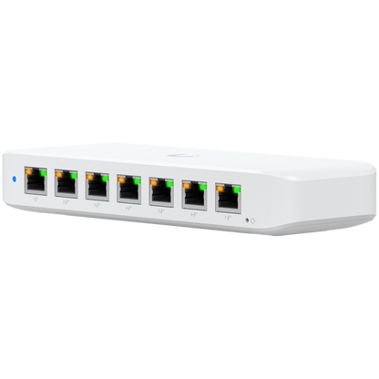 Ubiquiti USW-Ultra-210W-EU compact, Layer 2, 8-port GbE PoE switch with versatile mounting options, 7x GbE PoE+ output ports, GbE port with optional PoE++ input, 202W PoE availability with the included AC power adapter