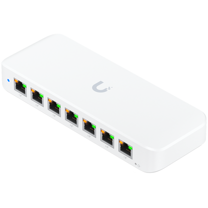 Ubiquiti USW-Ultra-210W-EU compact, Layer 2, 8-port GbE PoE switch with versatile mounting options, 7x GbE PoE+ output ports, GbE port with optional PoE++ input, 202W PoE availability with the included AC power adapter