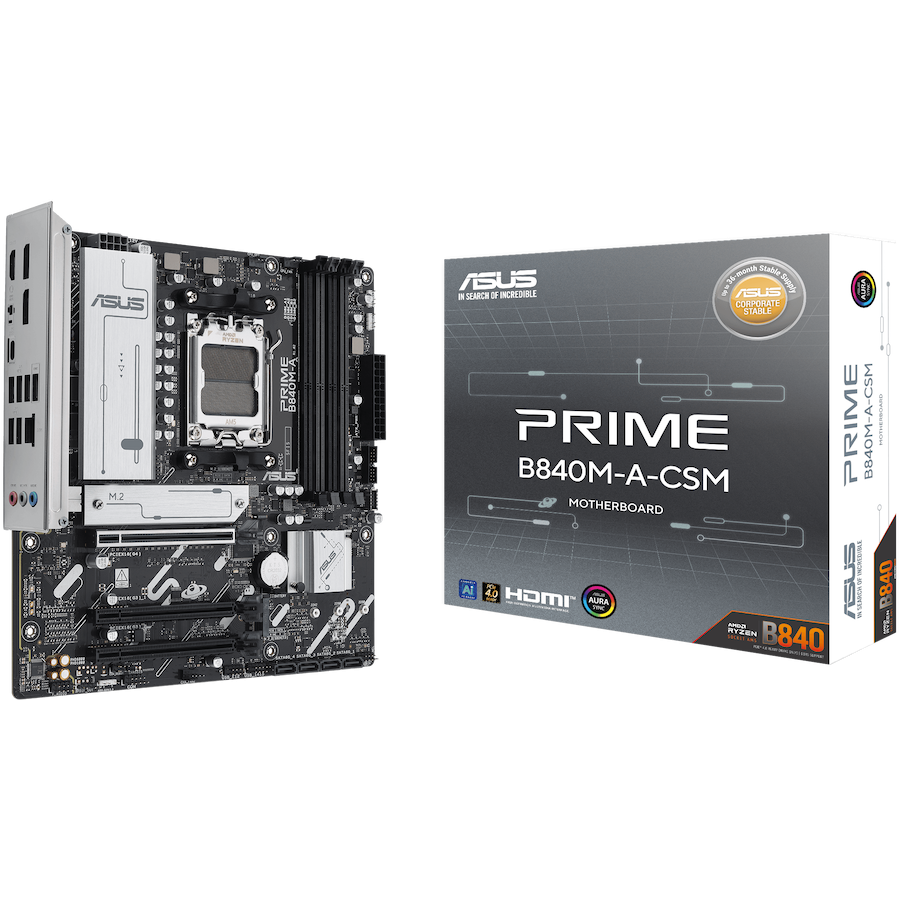 ASUS PRIME B840M-A-CSM AM5 mATX MB - AMD B840 4xDIMM DDR5 3xM.2 4xSATA PCIe 4.0 2.5Gb Ethernet 2xDisplayPort 1xHDMI with Aura Sync