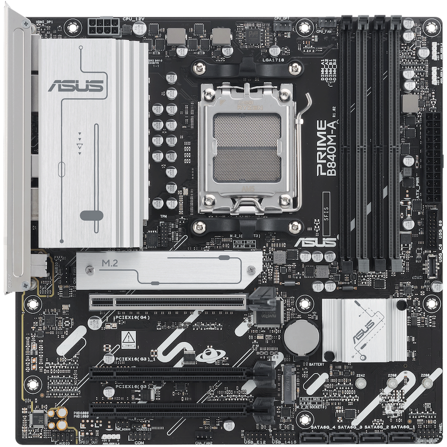 ASUS PRIME B840M-A-CSM AM5 mATX MB - AMD B840 4xDIMM DDR5 3xM.2 4xSATA PCIe 4.0 2.5Gb Ethernet 2xDisplayPort 1xHDMI with Aura Sync