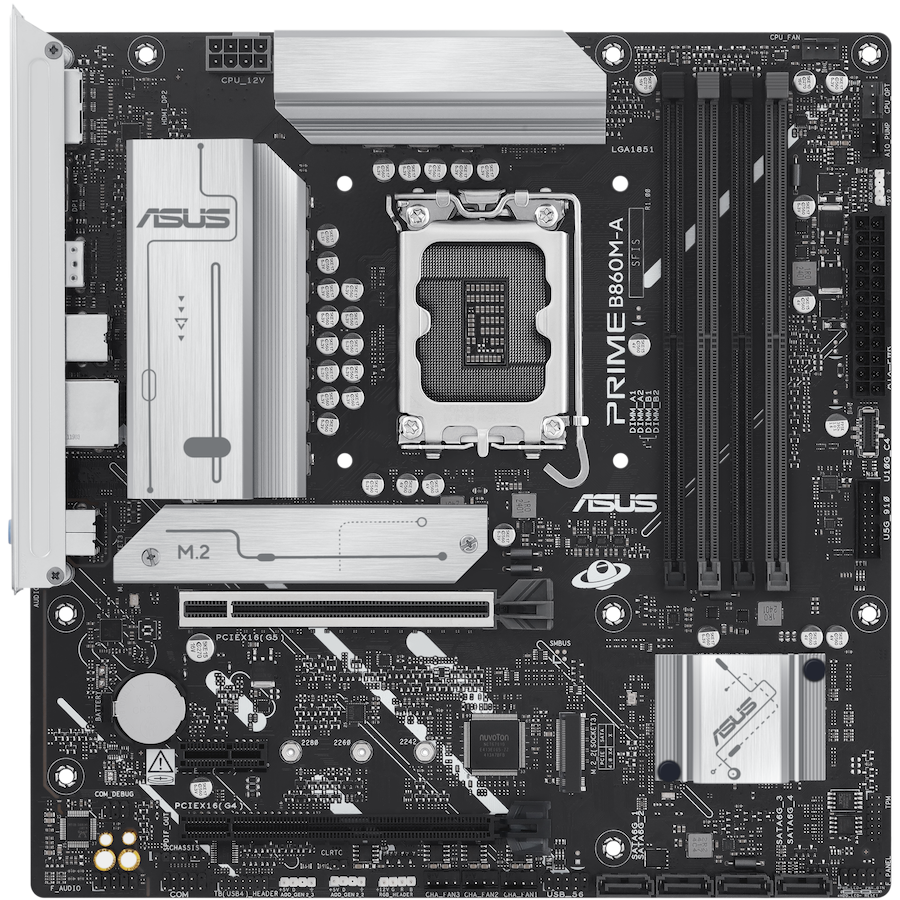 ASUS PRIME B860M-A-CSM LGA1851 mATX MB - Intel B860 4xDIMM DDR5 2xM.2 4xSATA PCIe 5.0 2.5Gb Ethernet 2xDisplayPort 1xHDMI with Aura Sync