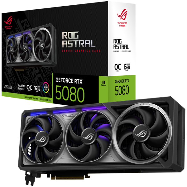 ASUS Video Card NVidia ROG Astral GeForce RTX 5080 OC Edition 16GB GDDR7 (ROG-ASTRAL-RTX5080-O16G-GAMING) VGA, PCIe 5.0, 2xHDMI 2.1b, 3xDisplayPort 2.1b