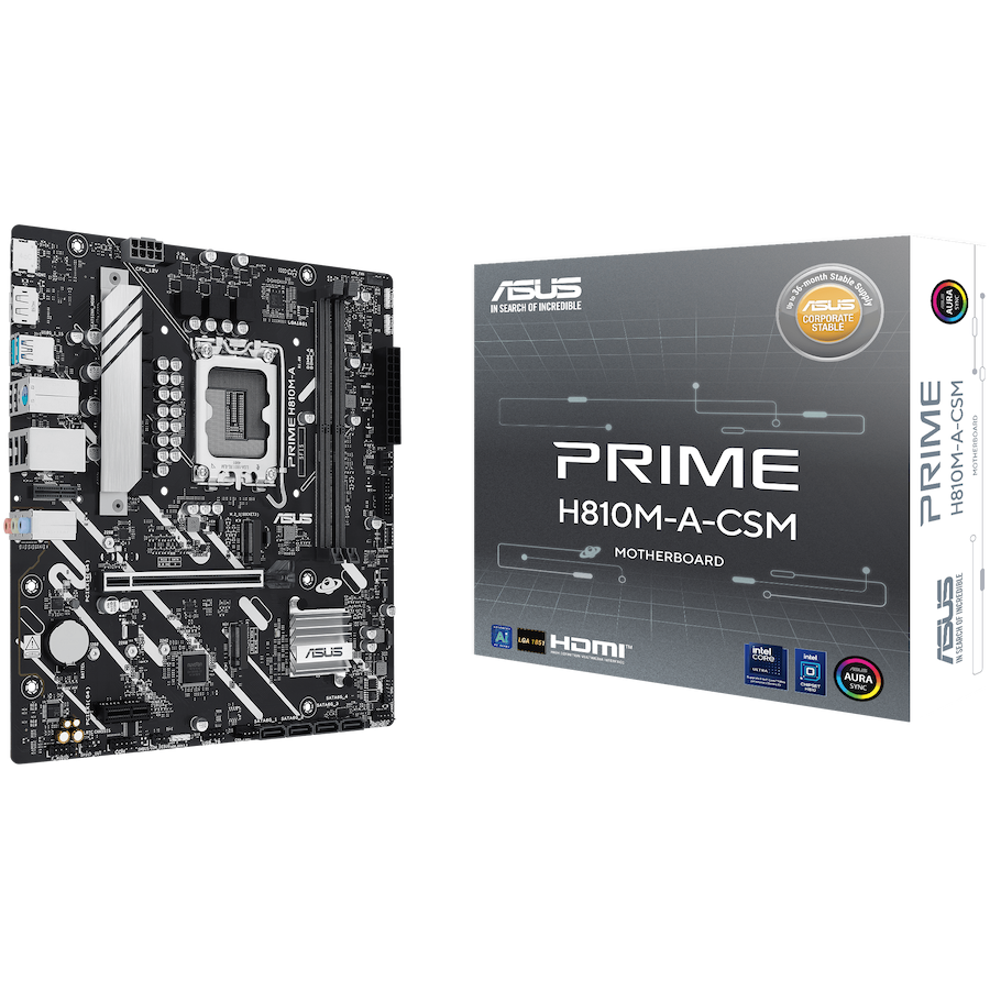 ASUS PRIME H810M-A-CSM LGA1851 mATX MB - Intel H810 2xDIMM DDR5 2xM.2 4xSATA PCIe 4.0 1Gb Ethernet 1xDisplayPort 1xHDMI with Aura Sync