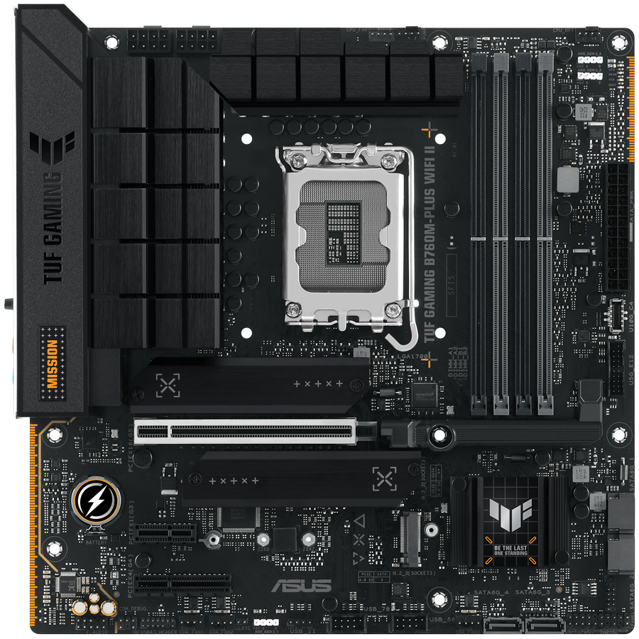ASUS TUF GAMING B760M-PLUS WIFI II LGA1700 mATX MB - Intel B760 4xDIMM DDR5 3xM.2 4xSATA PCIe 5.0 2.5Gb Ethernet WiFi 6E + Bluetooth 1xDisplayPort 1xHDMI with Aura Sync support
