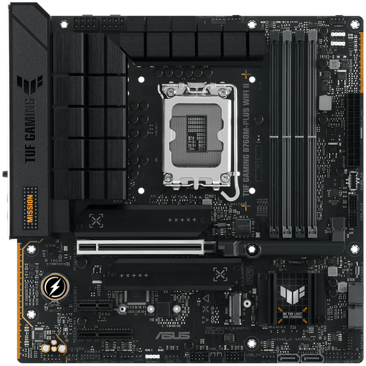 ASUS TUF GAMING B760M-PLUS WIFI II LGA1700 mATX MB - Intel B760 4xDIMM DDR5 3xM.2 4xSATA PCIe 5.0 2.5Gb Ethernet WiFi 6E + Bluetooth 1xDisplayPort 1xHDMI with Aura Sync support