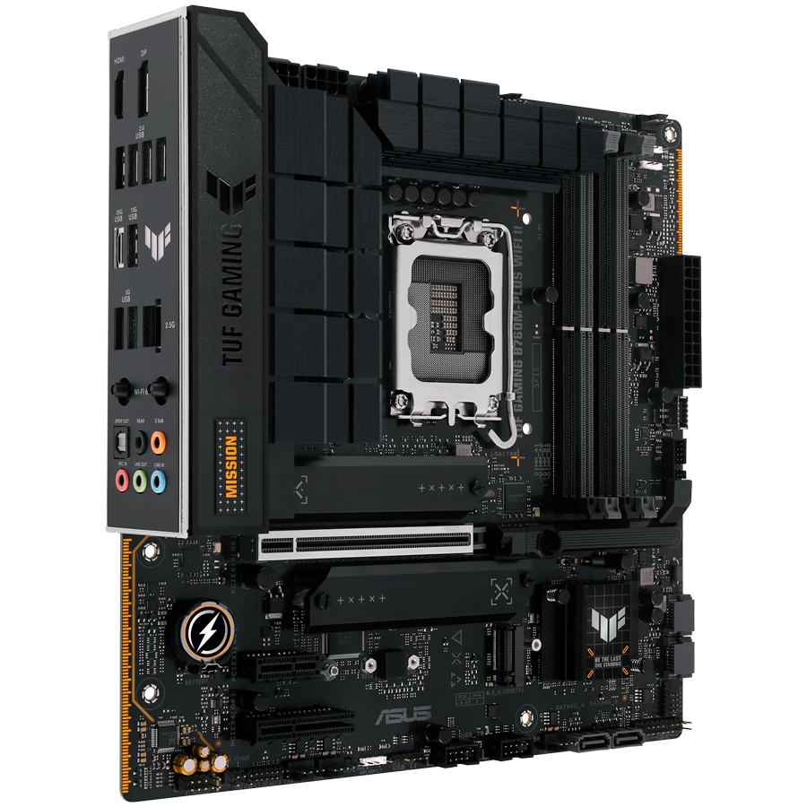 ASUS TUF GAMING B760M-PLUS WIFI II LGA1700 mATX MB - Intel B760 4xDIMM DDR5 3xM.2 4xSATA PCIe 5.0 2.5Gb Ethernet WiFi 6E + Bluetooth 1xDisplayPort 1xHDMI with Aura Sync support