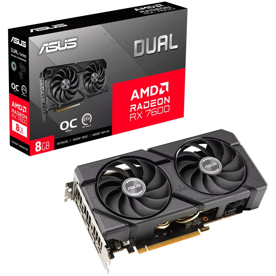 ASUS Video Card AMD Dual Radeon RX 7600 EVO OC Edition 8GB GDDR6 (DUAL-RX7600-O8G-EVO) VGA, PCIe 4.0, 1xHDMI 2.1, 3xDisplayPort 1.4a