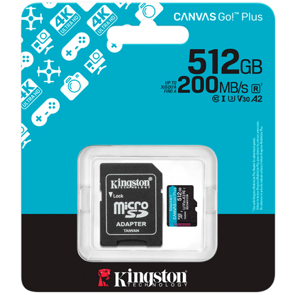 Kingston 512GB microSDXC Canvas Go Plus Gen4 200MB/s A2 U3 V30 Card + Adapter