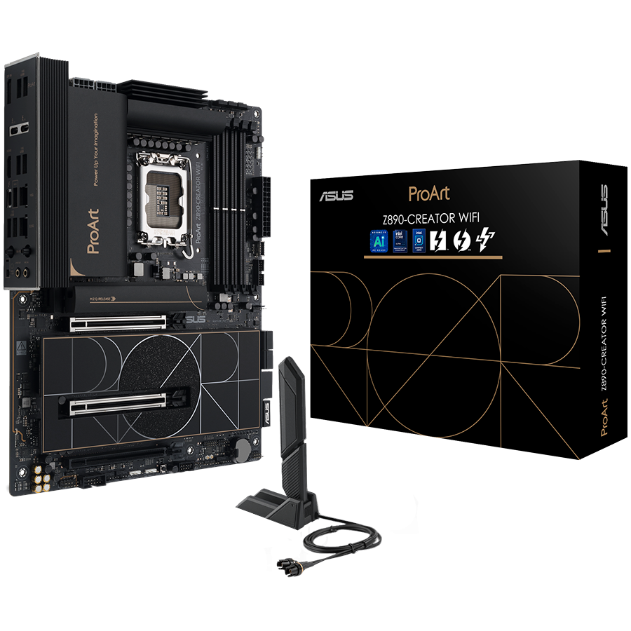 ASUS PROART Z890-CREATOR WIFI LGA1851 ATX professional MB - Intel Z890 4xDIMM DDR5 5xM.2 4xSATA PCIe 5.0 10Gb + 2.5Gb Ethernet WiFi 7 + Bluetooth 1xHDMI 2xIntel TB 5 ports (USB Type-C) 1xIntel TB 4 port (USB Type-C) - product photo