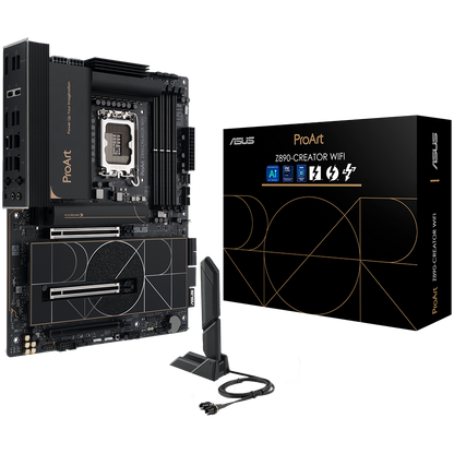 ASUS PROART Z890-CREATOR WIFI LGA1851 ATX professional MB - Intel Z890 4xDIMM DDR5 5xM.2 4xSATA PCIe 5.0 10Gb + 2.5Gb Ethernet WiFi 7 + Bluetooth 1xHDMI 2xIntel TB 5 ports (USB Type-C) 1xIntel TB 4 port (USB Type-C) - product photo