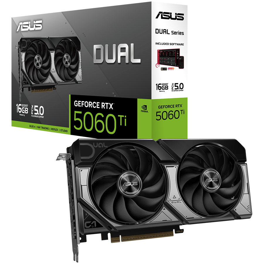 ASUS Video Card NVidia Dual GeForce RTX 5060 Ti OC Edition 16GB GDDR7 (DUAL-RTX5060TI-O16G) VGA, PCIe 5.0, 1xHDMI 2.1b, 3xDisplayPort 2.1b