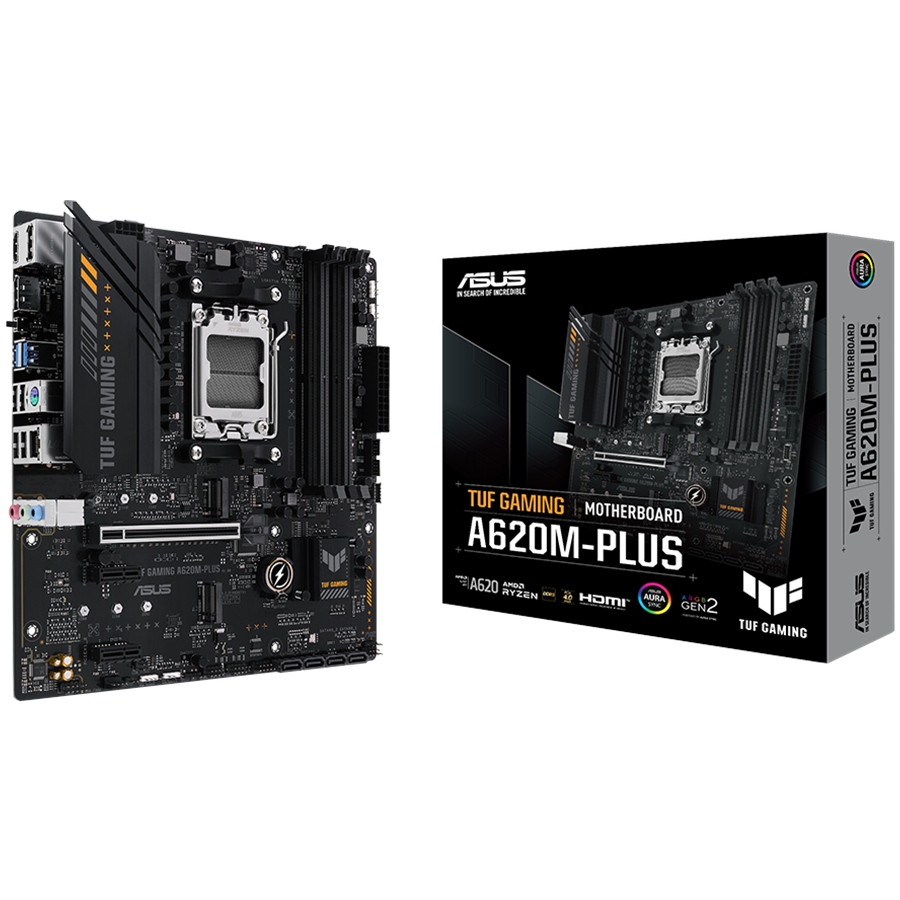 ASUS TUF GAMING A620M-PLUS AM5 mATX gaming MB - AMD A620 4xDIMM DDR5 2xM.2 4xSATA PCIe 4.0 2.5Gb Ethernet 2xDisplayPort 1xHDMI with Aura Sync