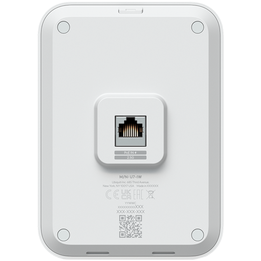 Ubiquiti UniFin U70IW Wall mounted WiFi 7 AP with 4 spatial streams and an integreated 2.5GbE PoE switch desined for hospitality enviorments