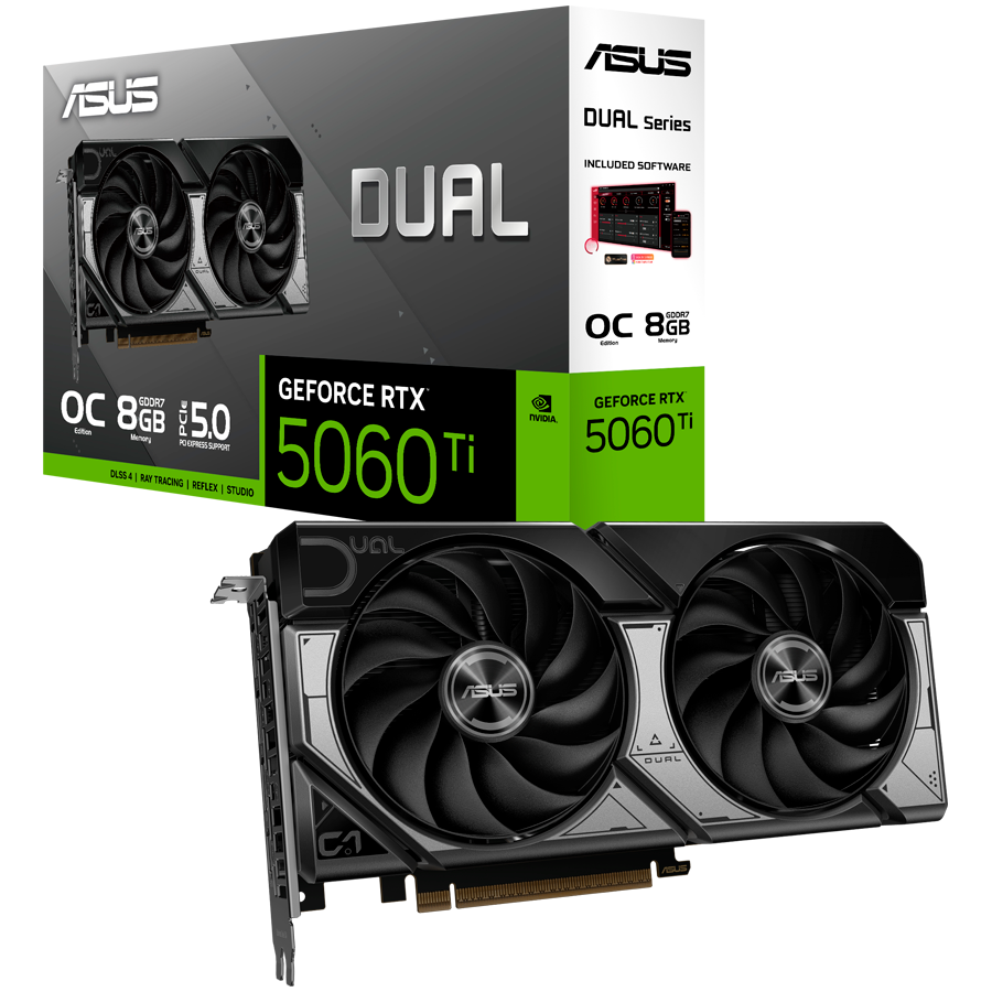 ASUS Video Card NVidia Dual GeForce RTX 5060 Ti OC Edition 8GB GDDR7 (DUAL-RTX5060TI-O8G) VGA, PCIe 5.0, 1xHDMI 2.1b, 3xDisplayPort 2.1b
