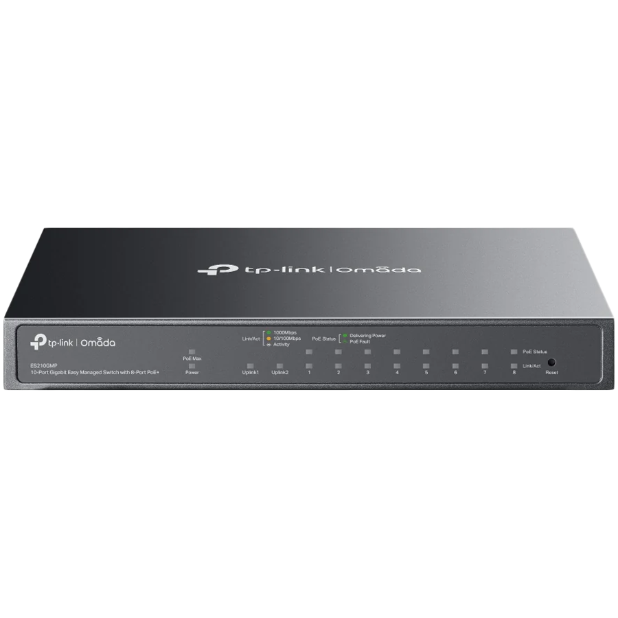 Omada 10-Port Gigabit Easy Managed Switch with 8-Port PoE+ 8× Gigabit PoE+ Ports, 1x Gigabit Non-PoE Ports, 1× Combo Gigabit RJ45/SFP Port 802.3at/af, 123 W PoE Power,  Desktop Steel Case and Fanless Integration with Omada SDN Controller